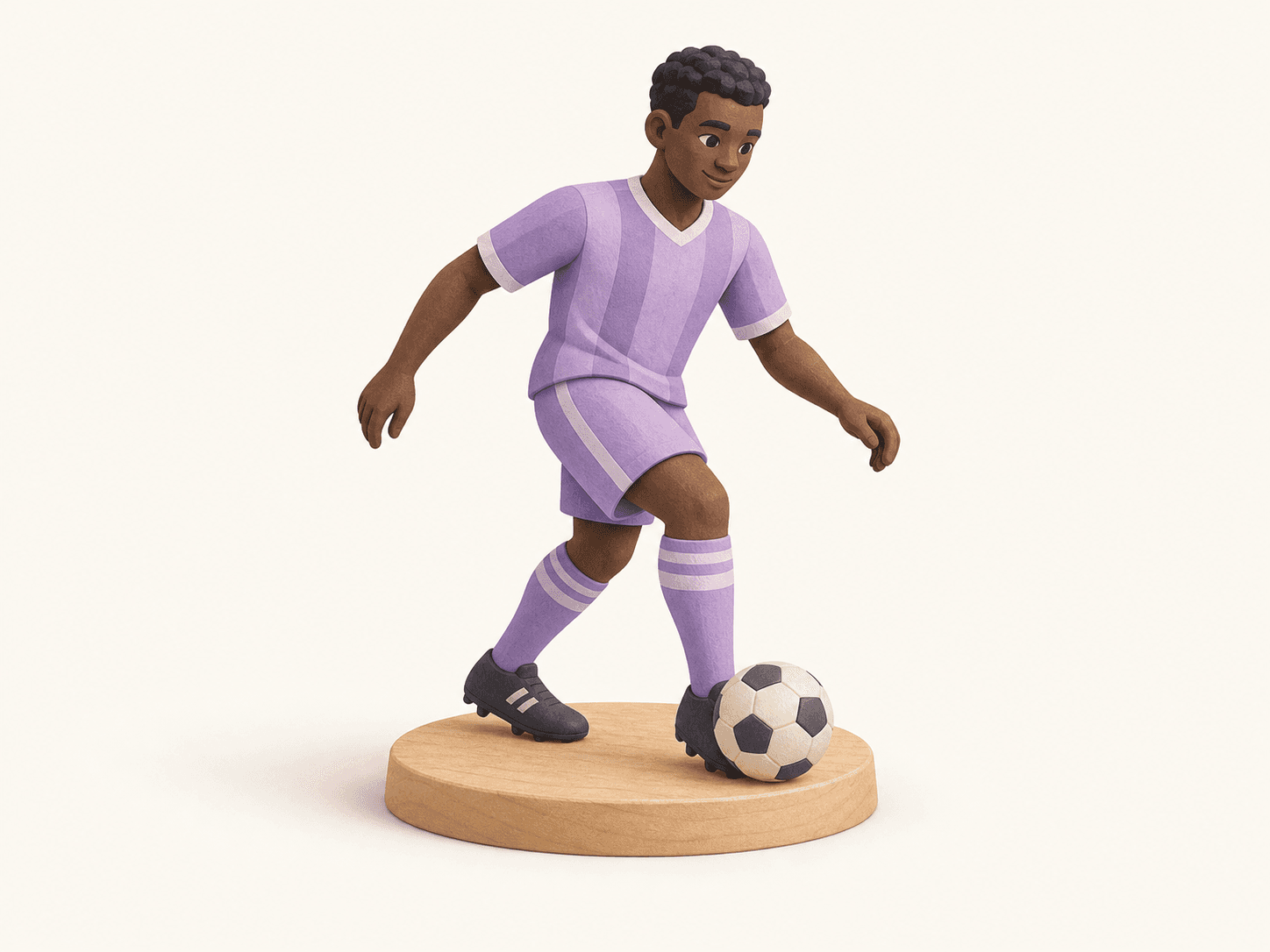 A footballer figurine mid-dribble on a wooden base