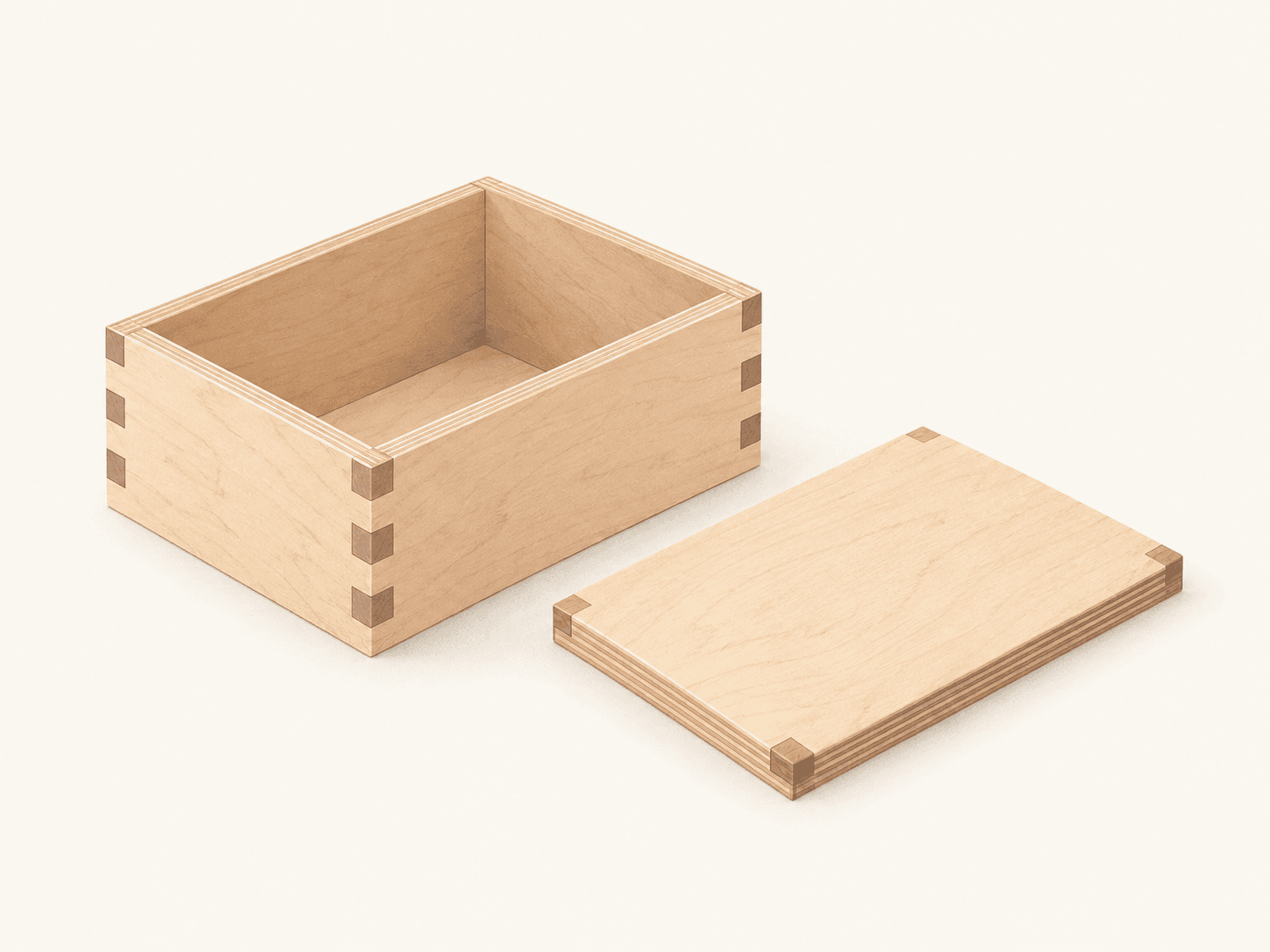 An open plywood box with finger-jointed corners and its lid beside it