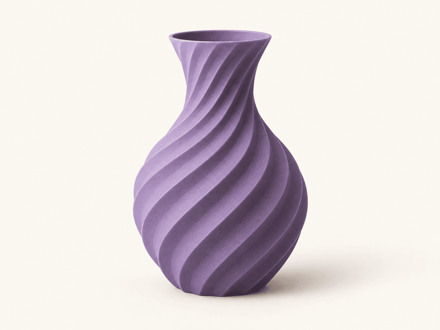 A ribbed sculptural vase in a twisting purple pattern