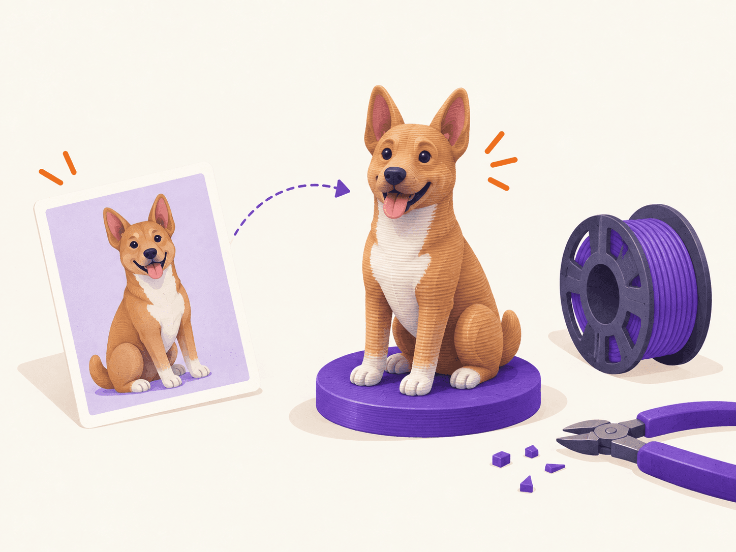 A photo of a dog beside a 3D printed figurine of the same dog
