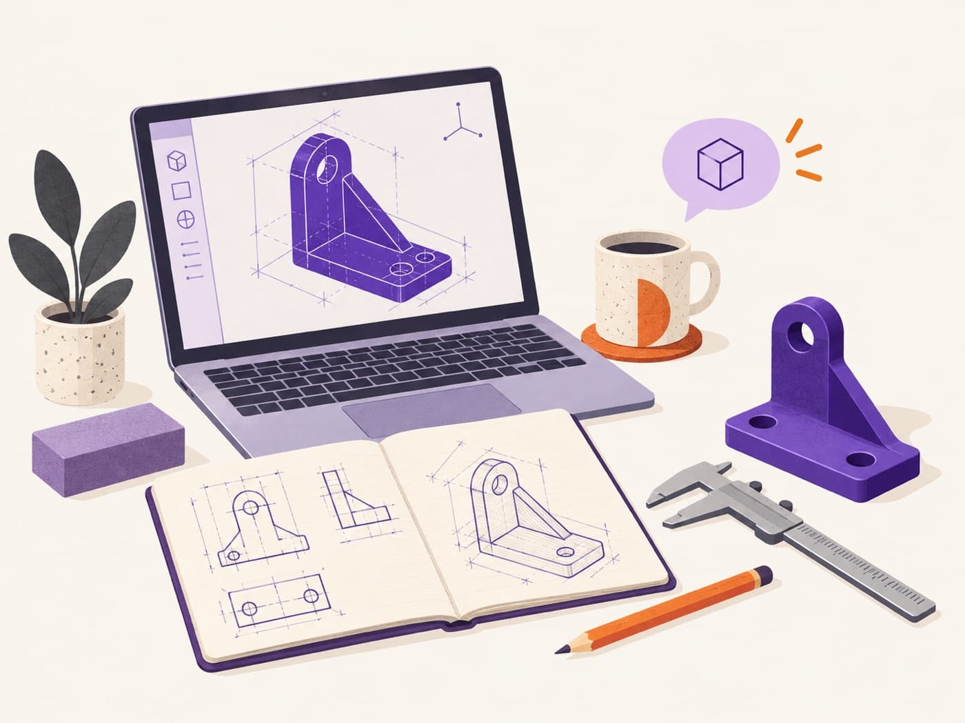 A laptop showing a CAD drawing, a sketchbook, calipers, and a printed bracket on a desk