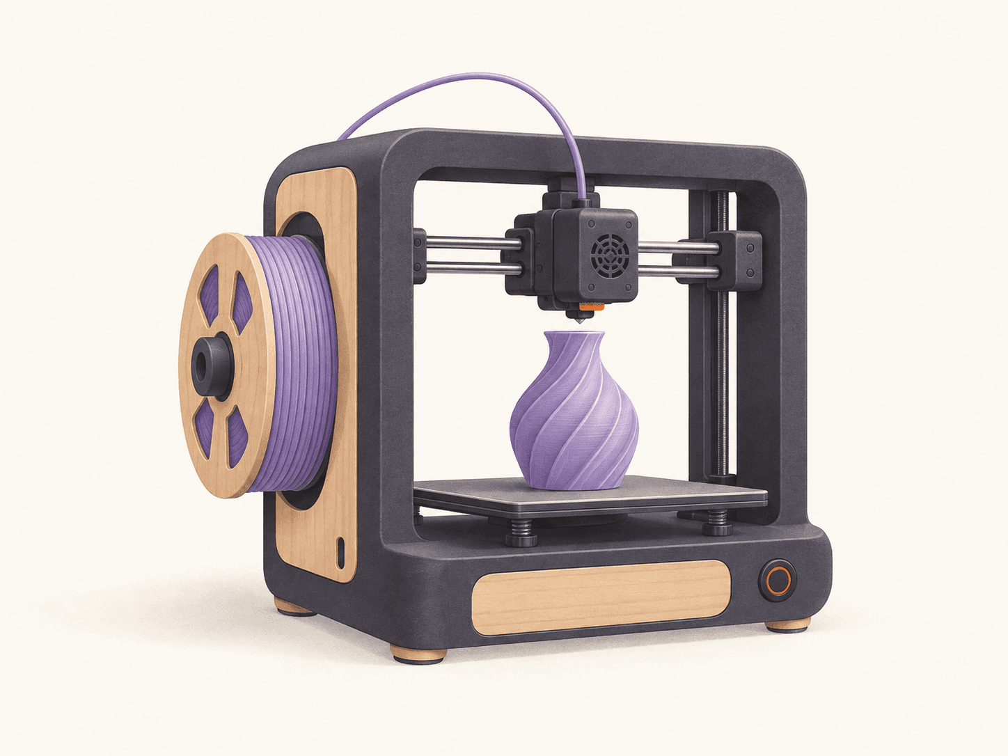 Illustration of a desktop 3D printer forming a small vase