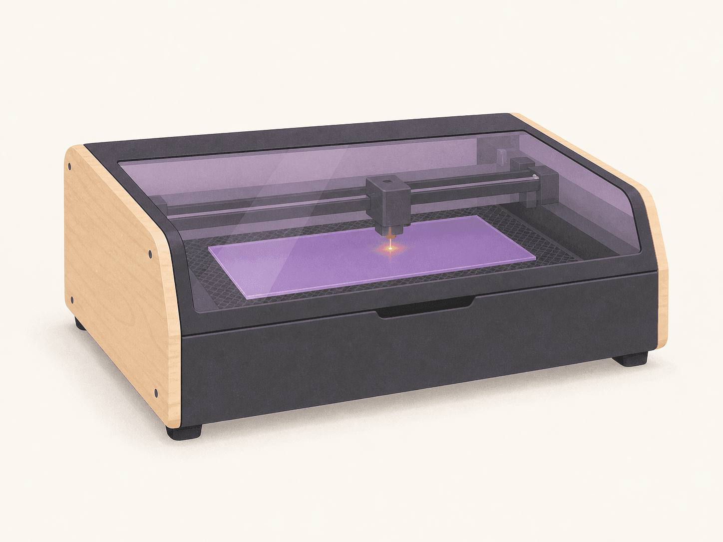 Illustration of an enclosed desktop laser cutter mid-cut